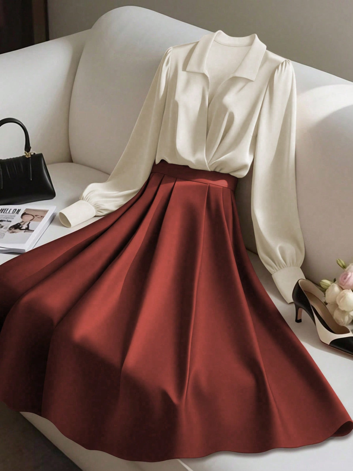 2pcs Elegant Shiny Fabric Top And Pleated Midi Skirt Set