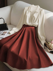 2pcs Elegant Shiny Fabric Top And Pleated Midi Skirt Set