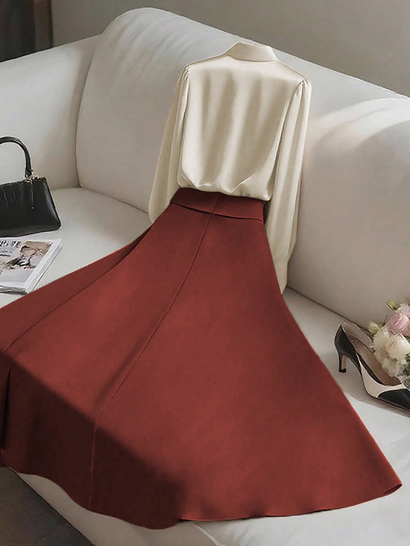 2pcs Elegant Shiny Fabric Top And Pleated Midi Skirt Set