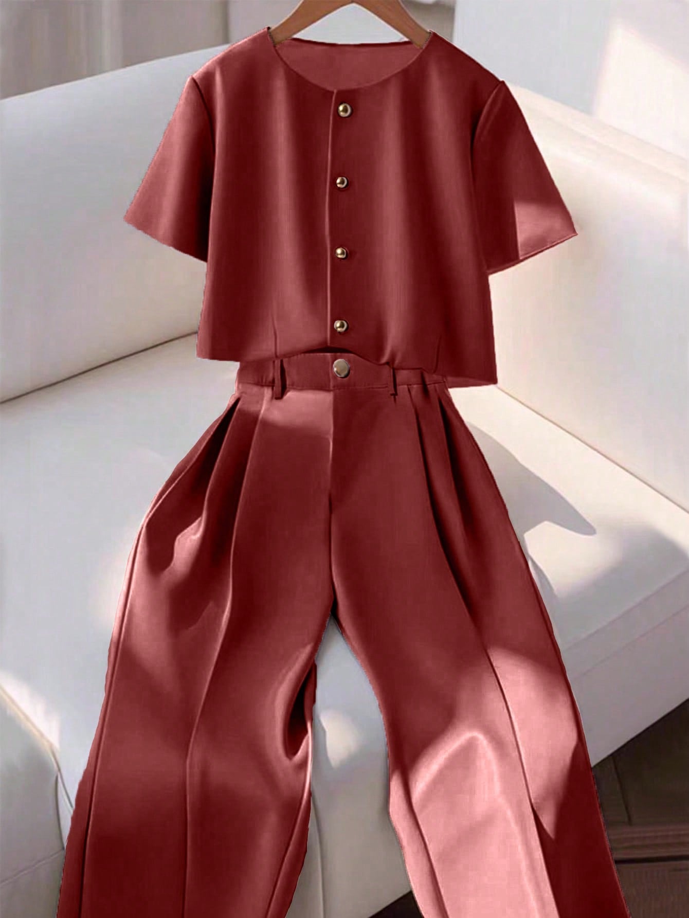 Shein Franclia 2pcs/Set Women Fashionable Round Neck Short Sleeve Buttoned Shirt & Casual Pants Suit