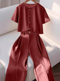 Shein Franclia 2pcs/Set Women Fashionable Round Neck Short Sleeve Buttoned Shirt & Casual Pants Suit