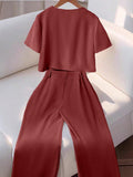 Shein Franclia 2pcs/Set Women Fashionable Round Neck Short Sleeve Buttoned Shirt & Casual Pants Suit