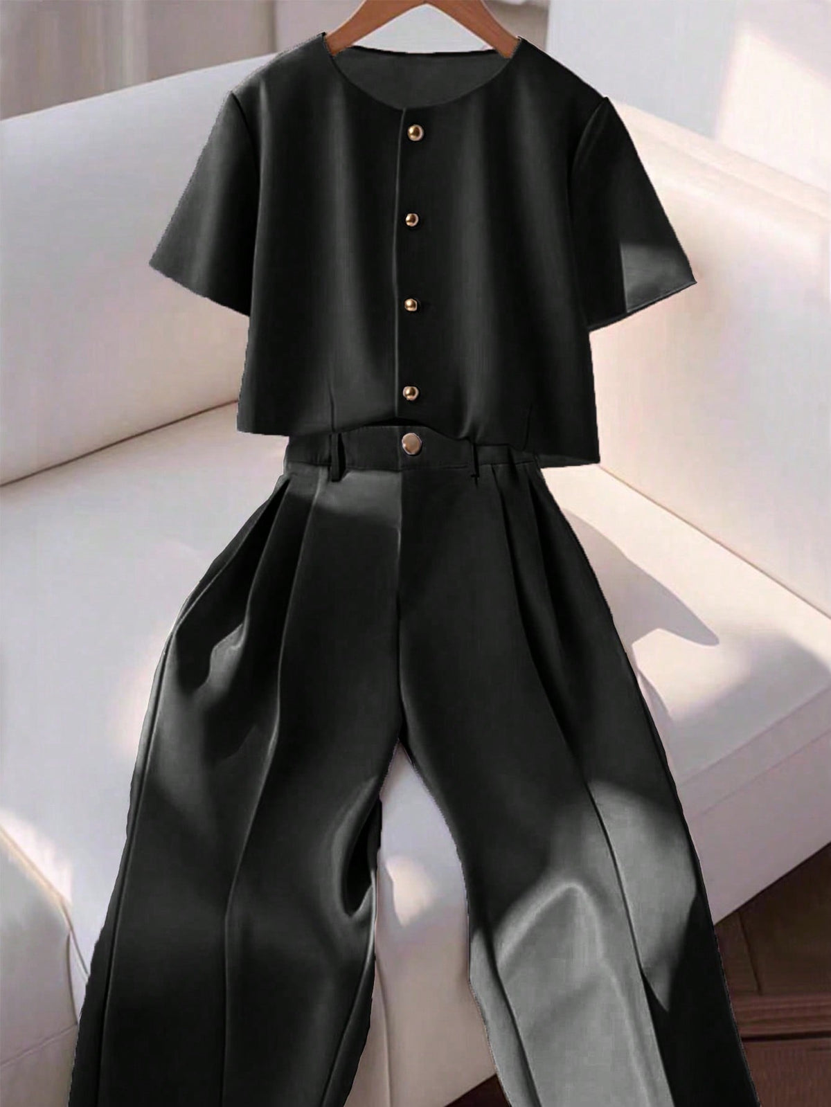 Shein Franclia 2pcs Set Women High-End Round Neck Short Sleeve Shirt And Casual Pants