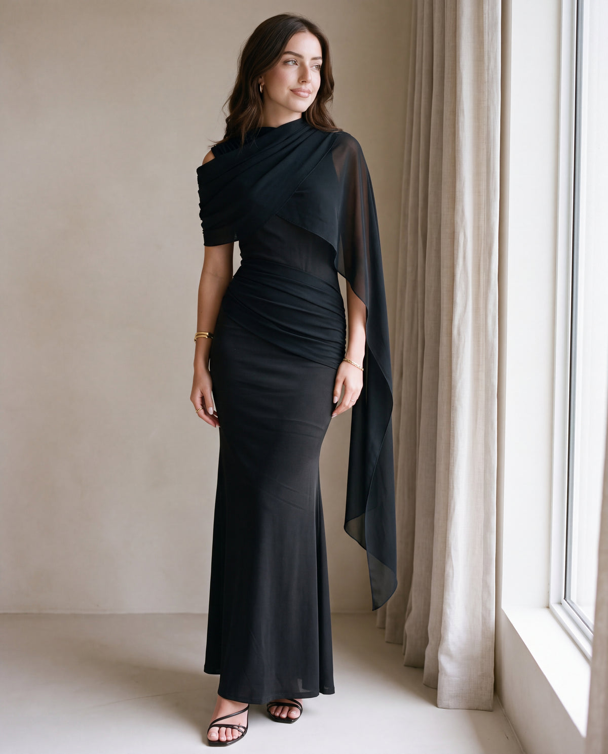 Mesh Splice Cloak Flare Sleeve Ruched Knit Fabric Fitted Dress