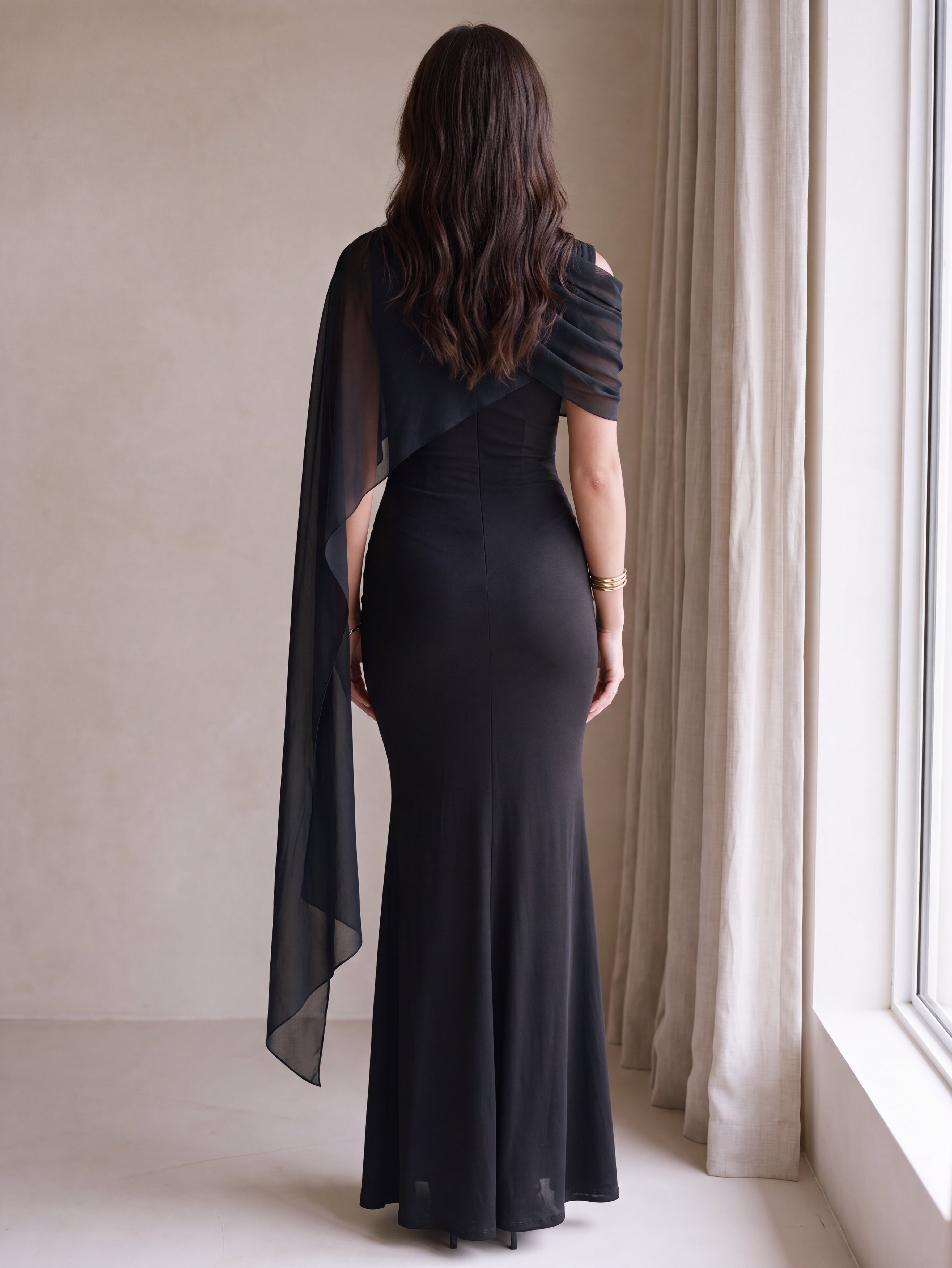 Mesh Splice Cloak Flare Sleeve Ruched Knit Fabric Fitted Dress