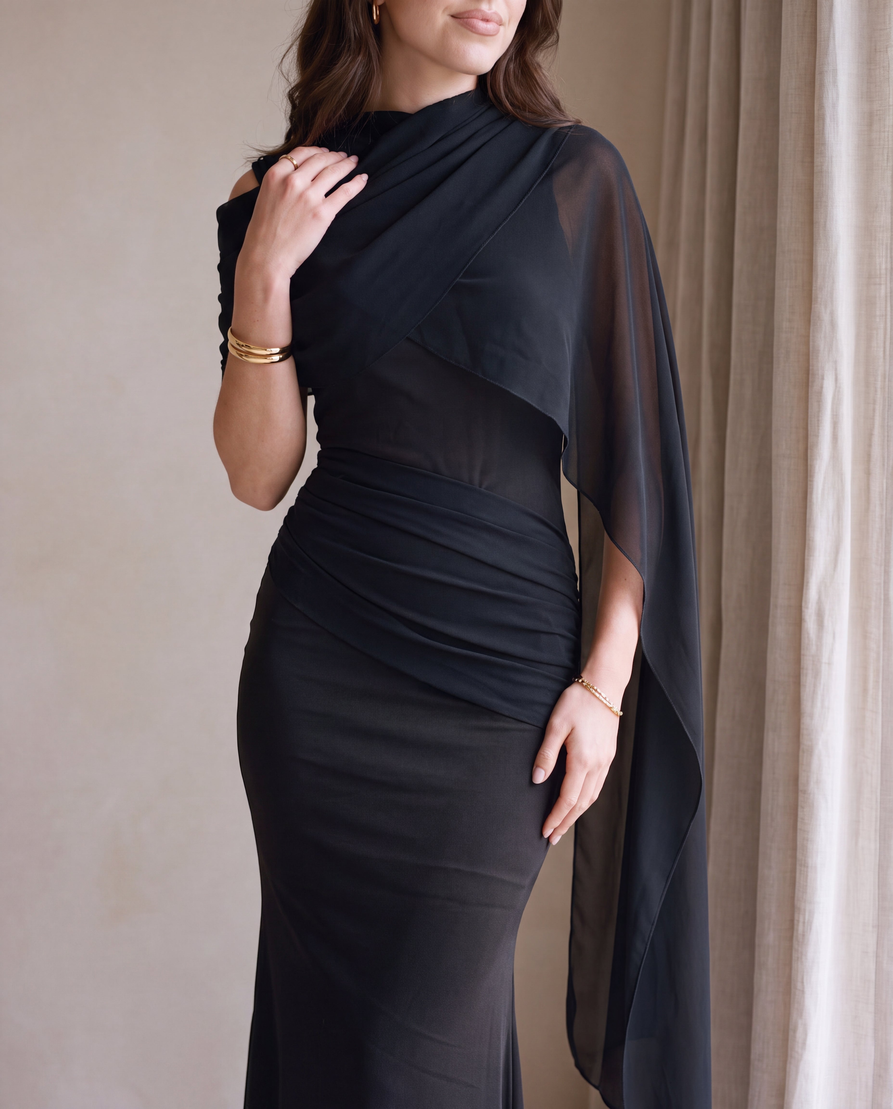 Mesh Splice Cloak Flare Sleeve Ruched Knit Fabric Fitted Dress