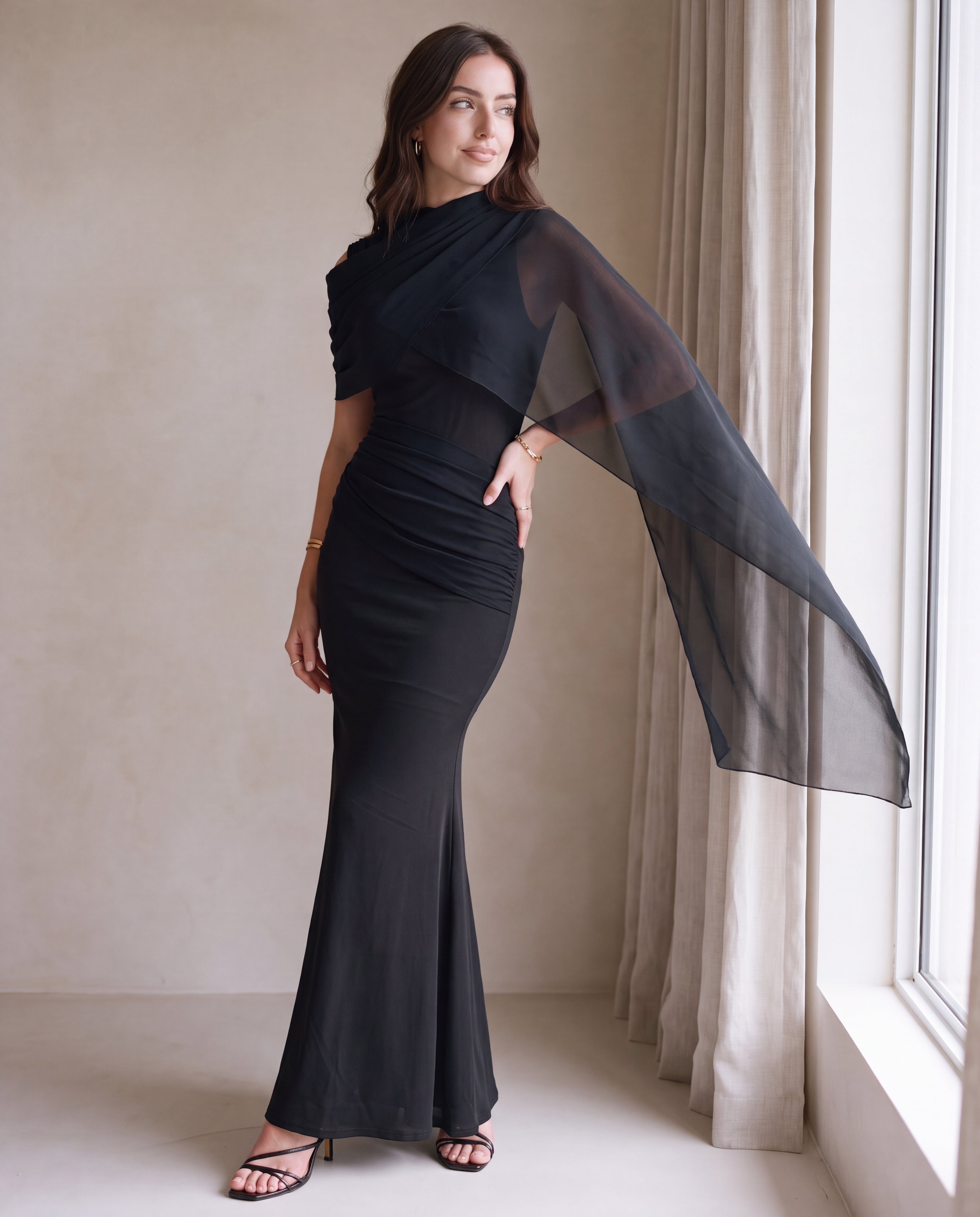 Mesh Splice Cloak Flare Sleeve Ruched Knit Fabric Fitted Dress