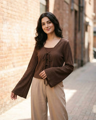 Casual Solid Color V-Neck Flare Sleeve Twist Front Blouse