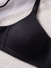 Comfortable Black Casual Stripe Wireless Soft Cup Solid Bralette