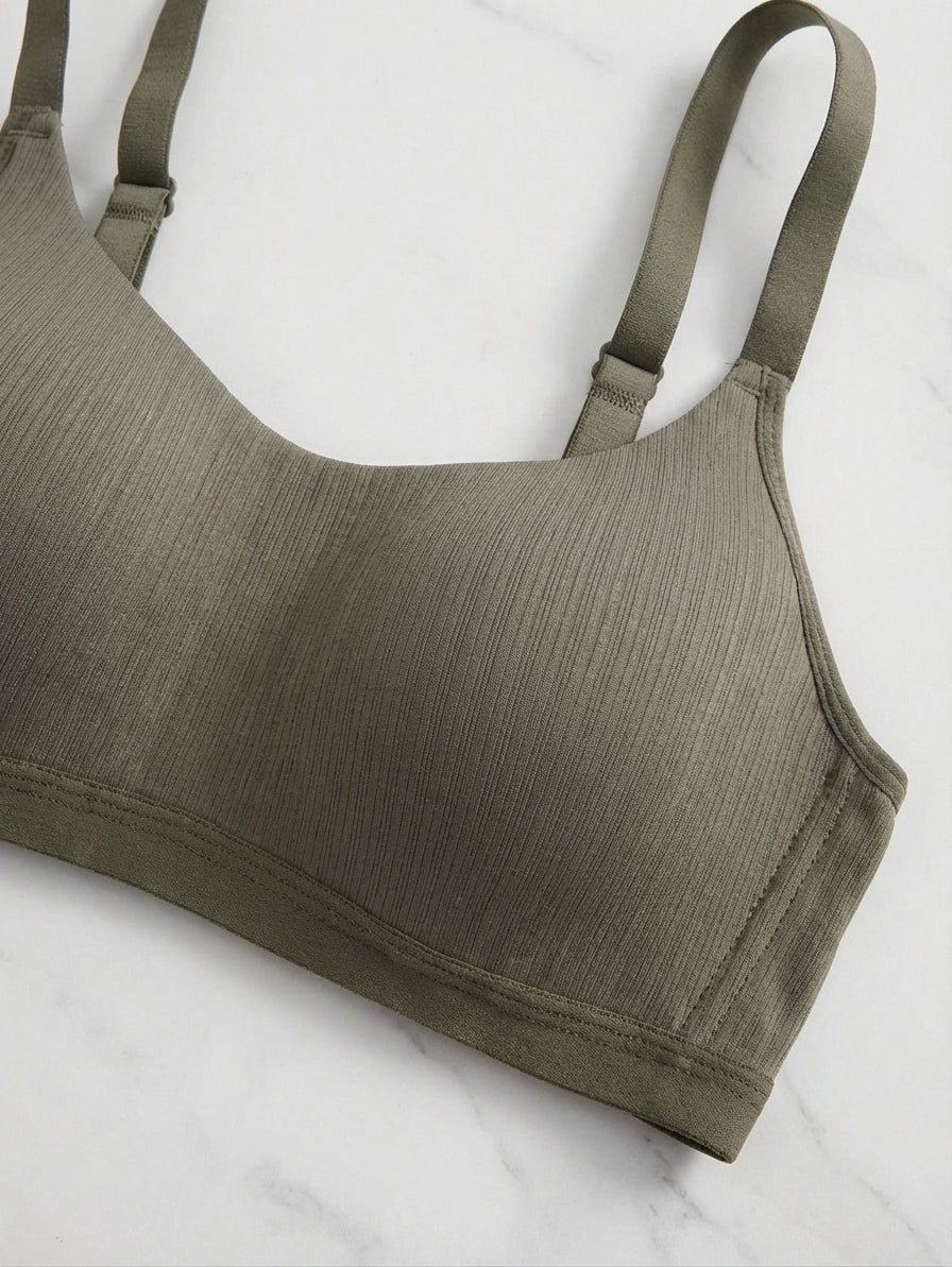 Comfortable Sage Casual Stripe Wireless Soft Cup Solid Bralette