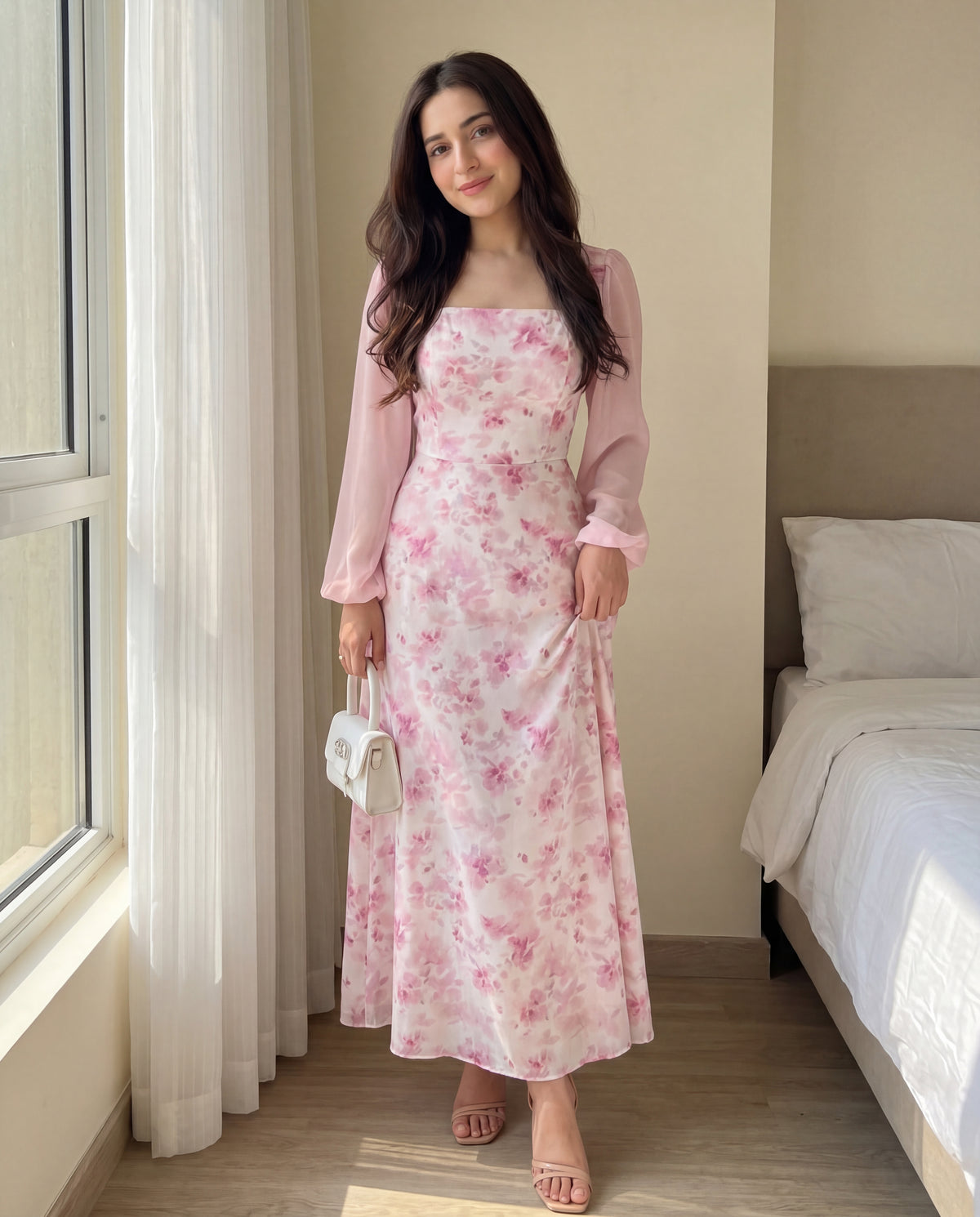 Printed Square Neck Long Sleeve Elegant Summer Dress