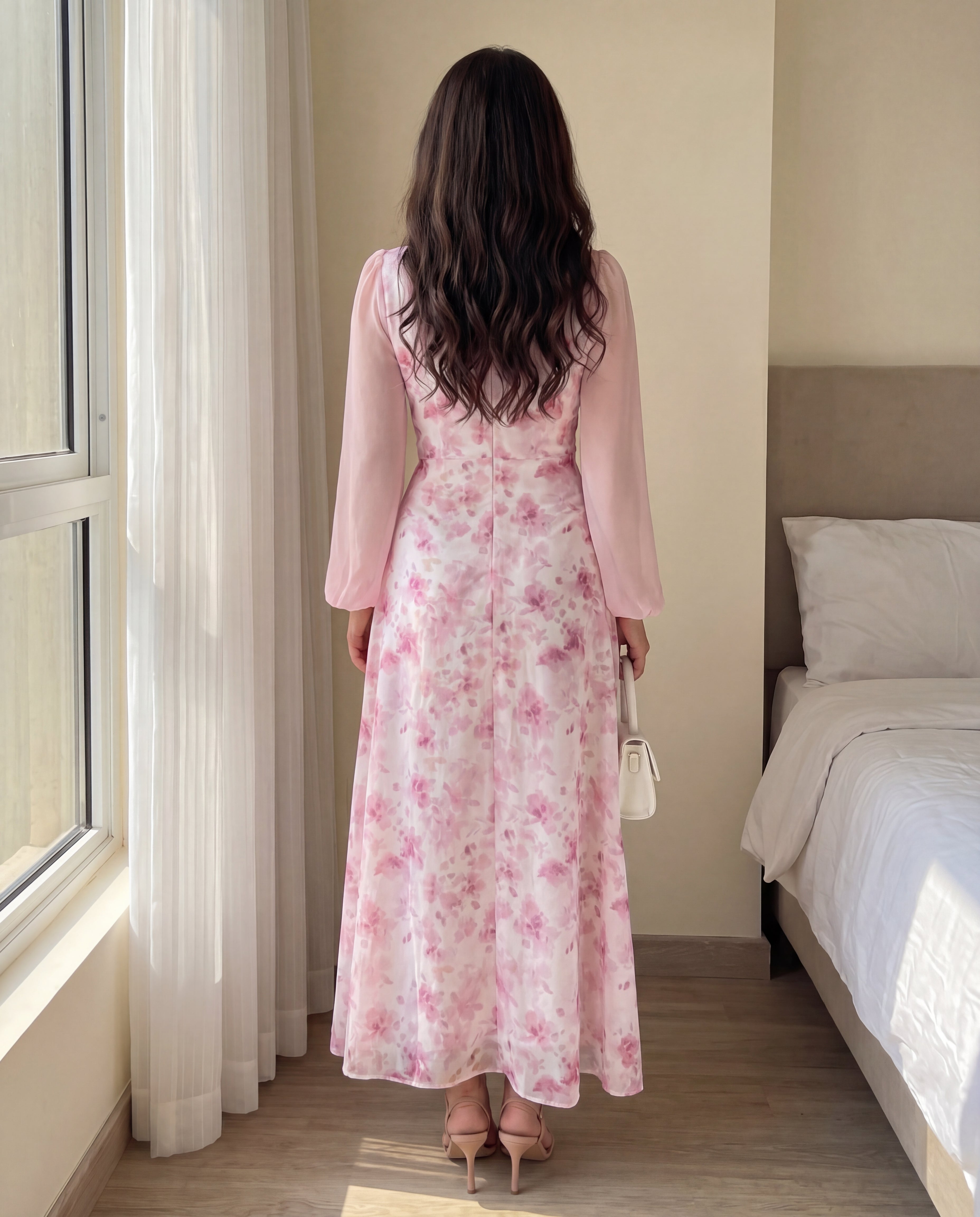 Printed Square Neck Long Sleeve Elegant Summer Dress