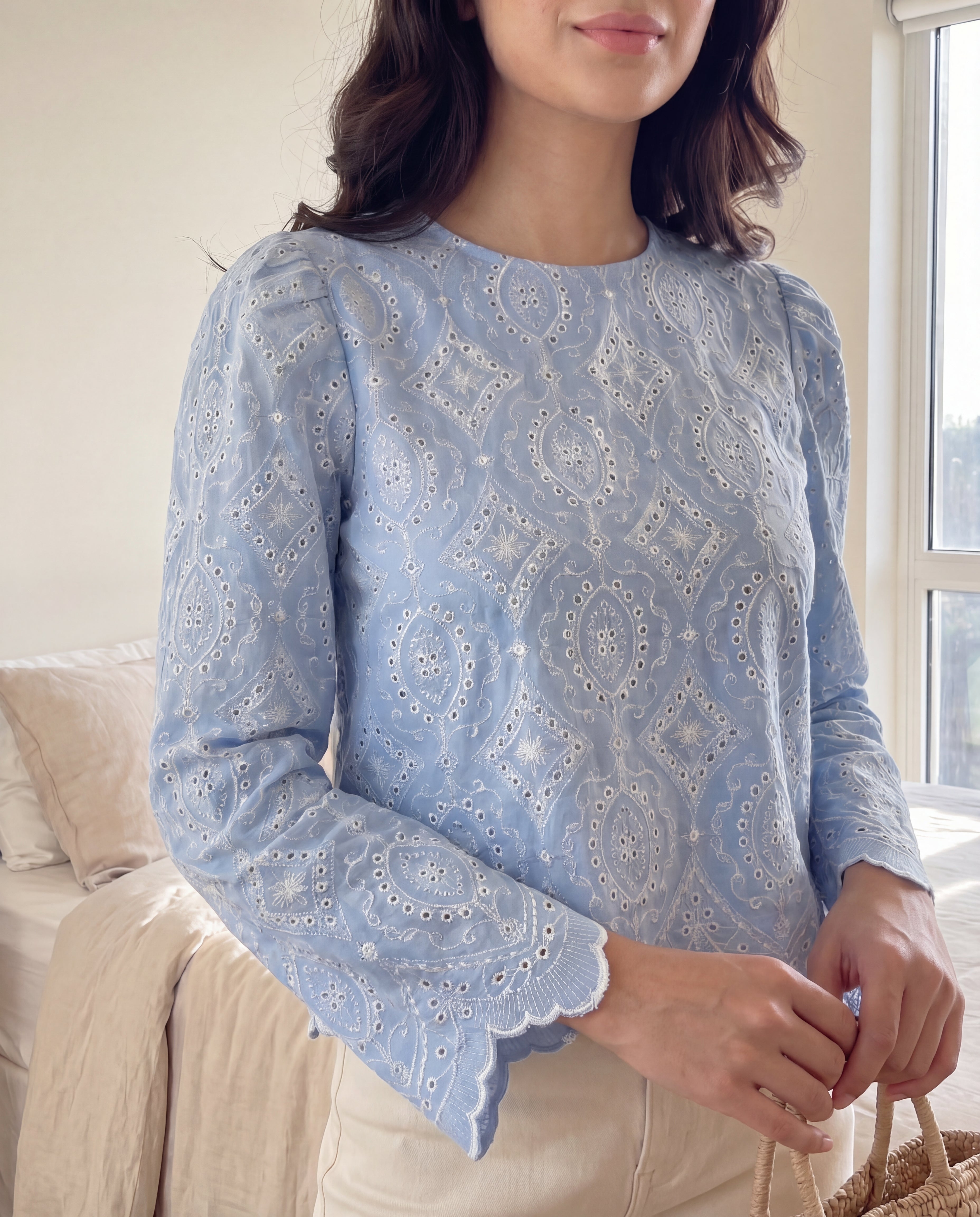 Eyelet Embroidered Blue Round Neck Puff Sleeve Blouse