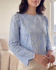 Eyelet Embroidered Blue Round Neck Puff Sleeve Blouse