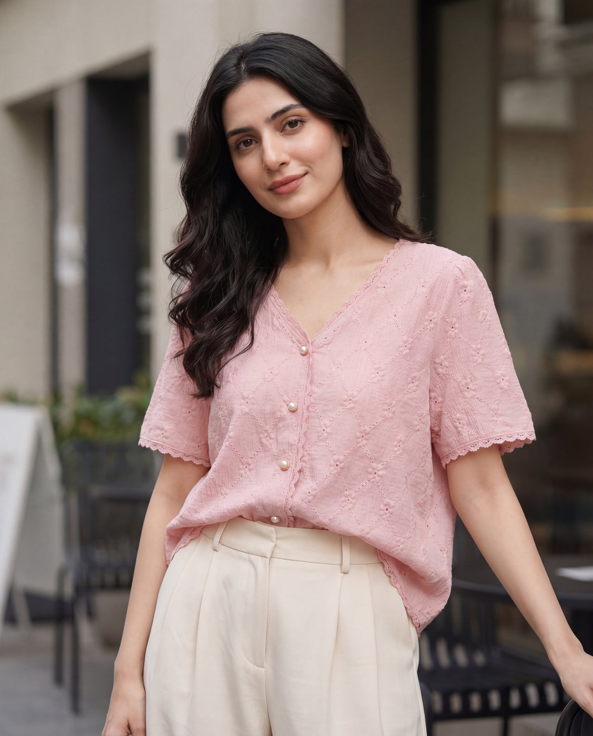 Simple Embroidery V-Neck Short Sleeve Blouse