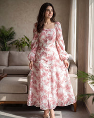 Elegant Floral Print Lantern Sleeve Dress