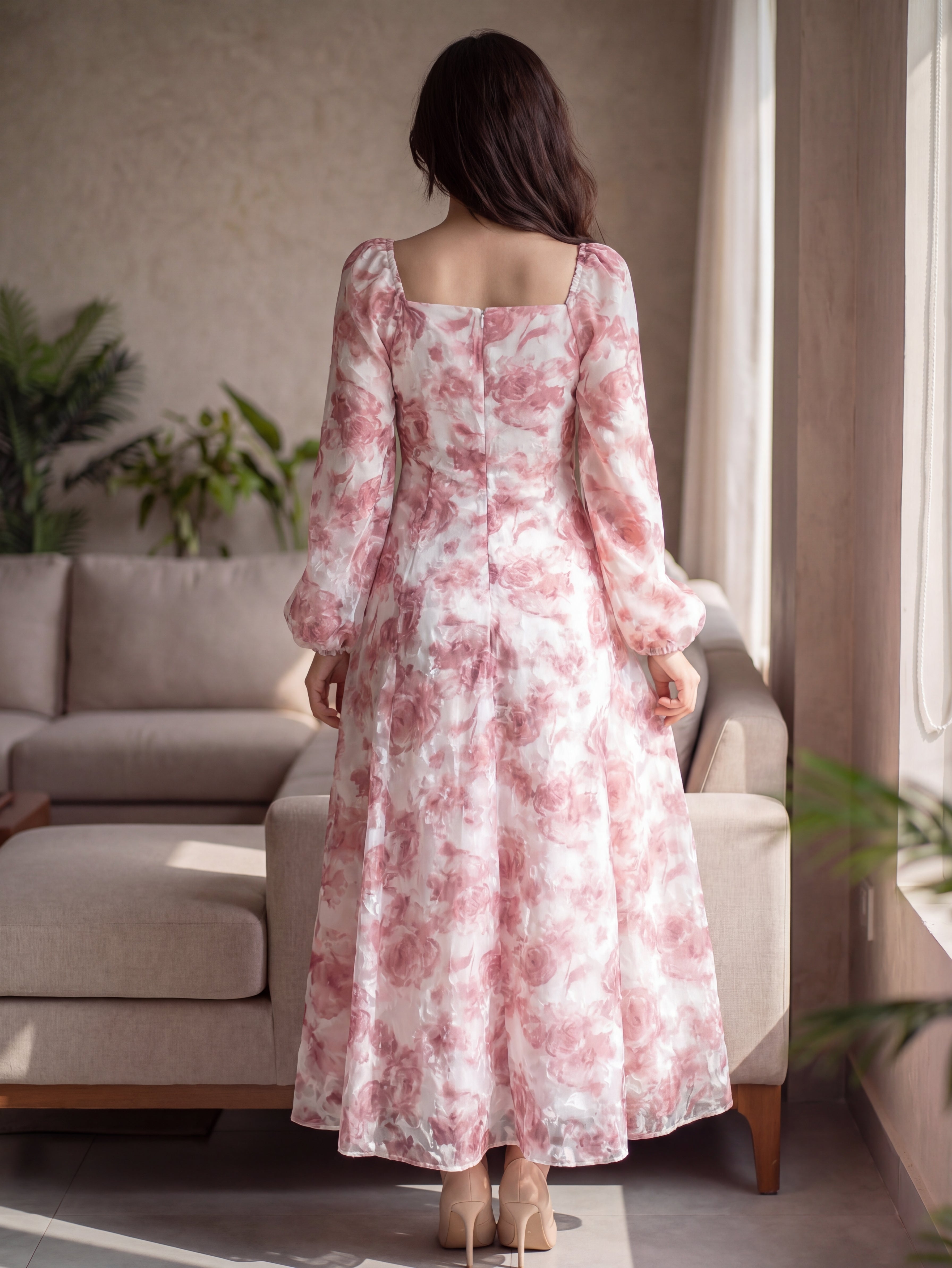 Elegant Floral Print Lantern Sleeve Dress