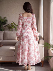 Elegant Floral Print Lantern Sleeve Dress