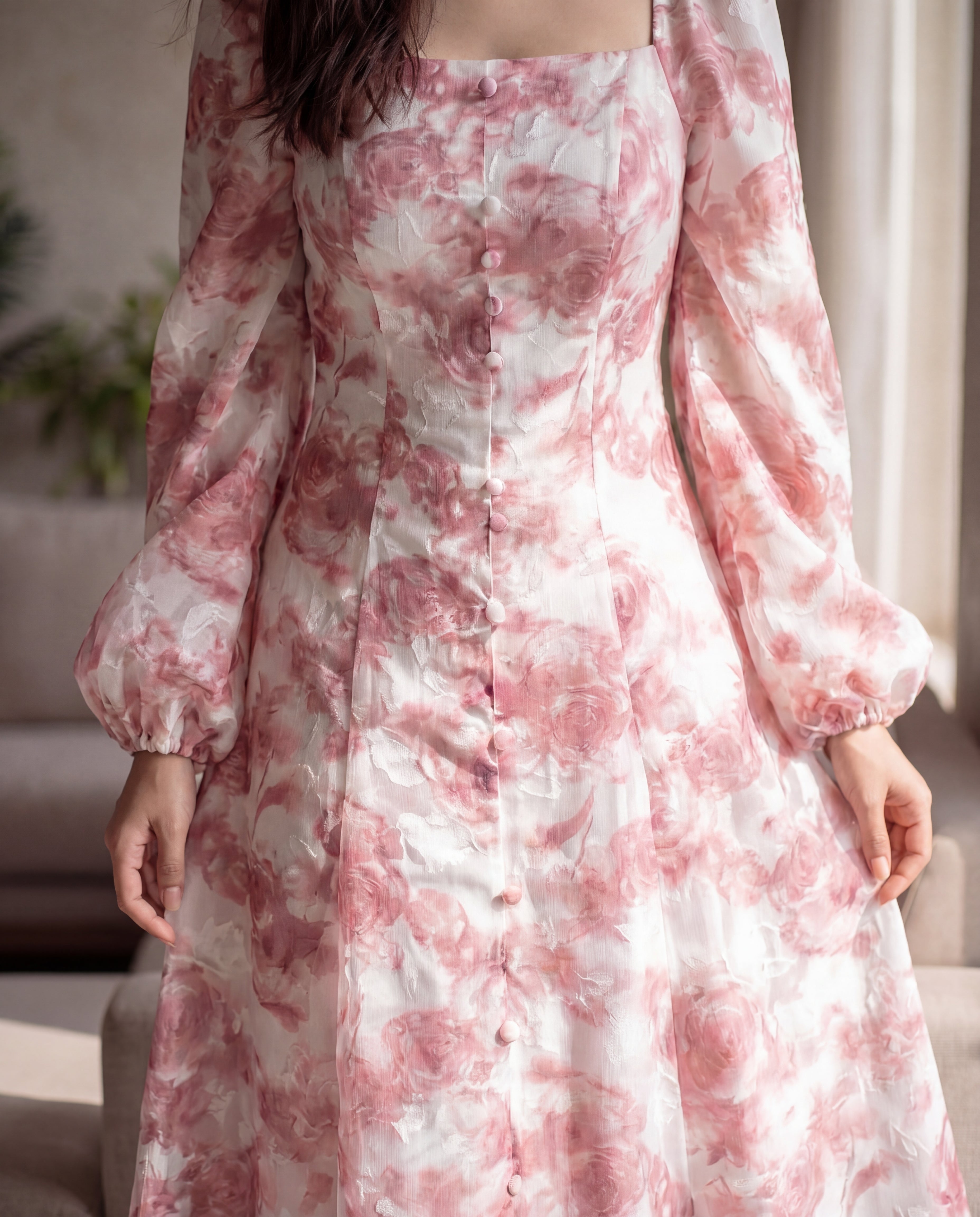 Elegant Floral Print Lantern Sleeve Dress