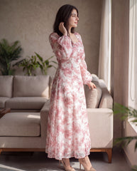 Elegant Floral Print Lantern Sleeve Dress