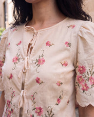 Floral Embroidery Front Tie Short Sleeve Curved Hem Casual Shirt