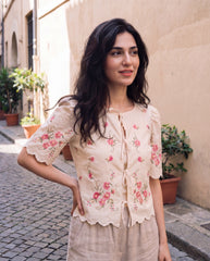 Floral Embroidery Front Tie Short Sleeve Curved Hem Casual Shirt