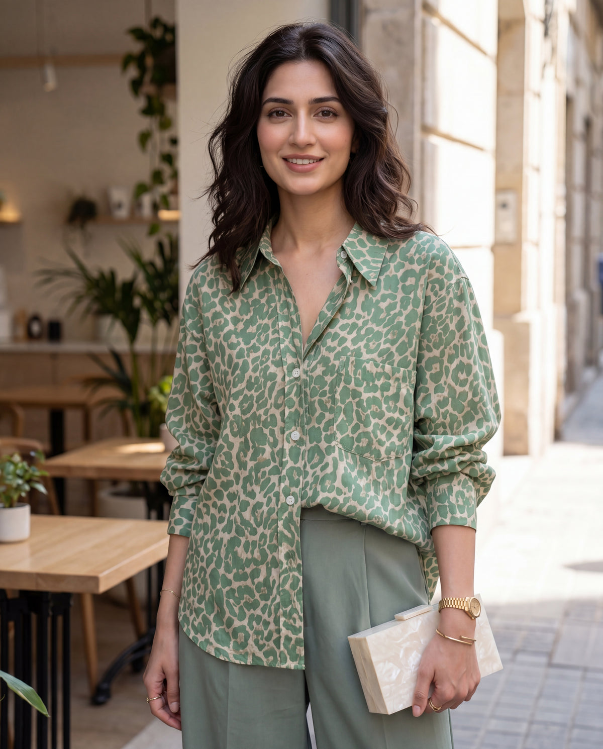 Leopard Print Casual Shirt With Pocket & Button Decor