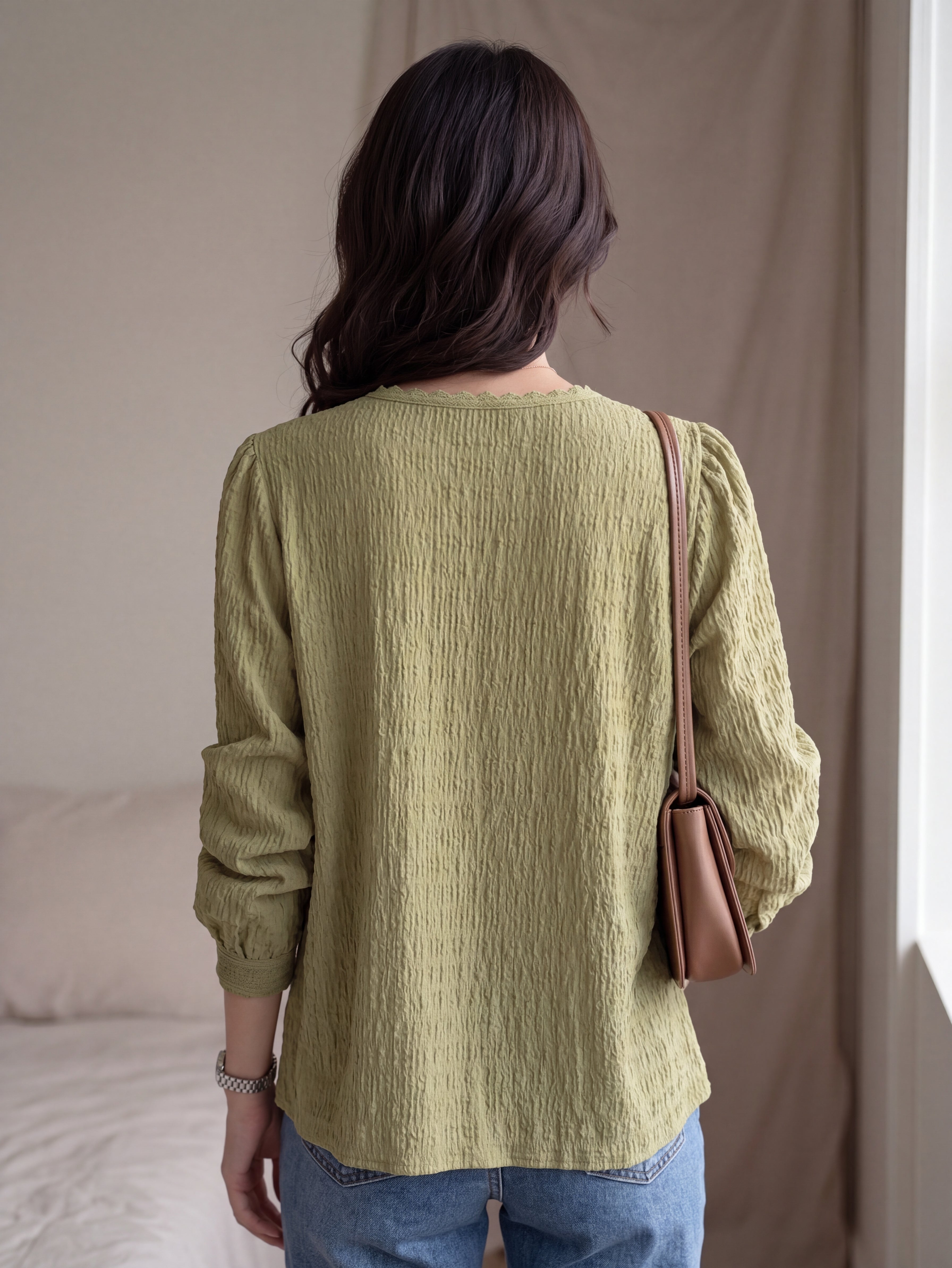 V-Neck Puff Sleeve Solid Blouse