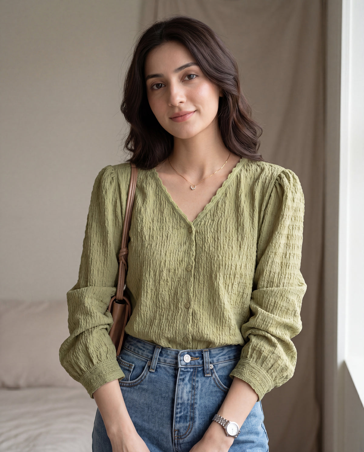 V-Neck Puff Sleeve Solid Blouse