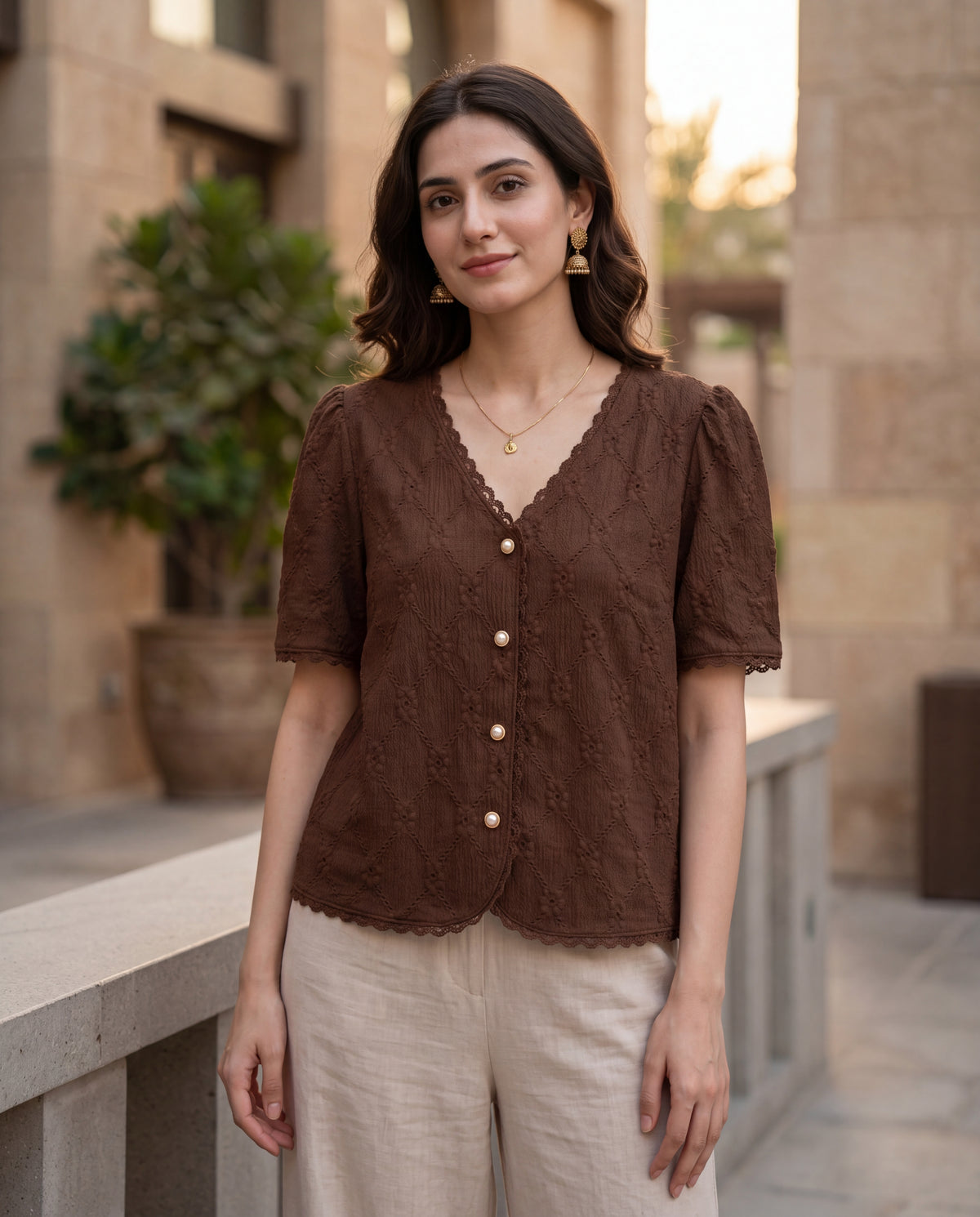 Simple Solid Color Textured Front Button Short Sleeve Shirt