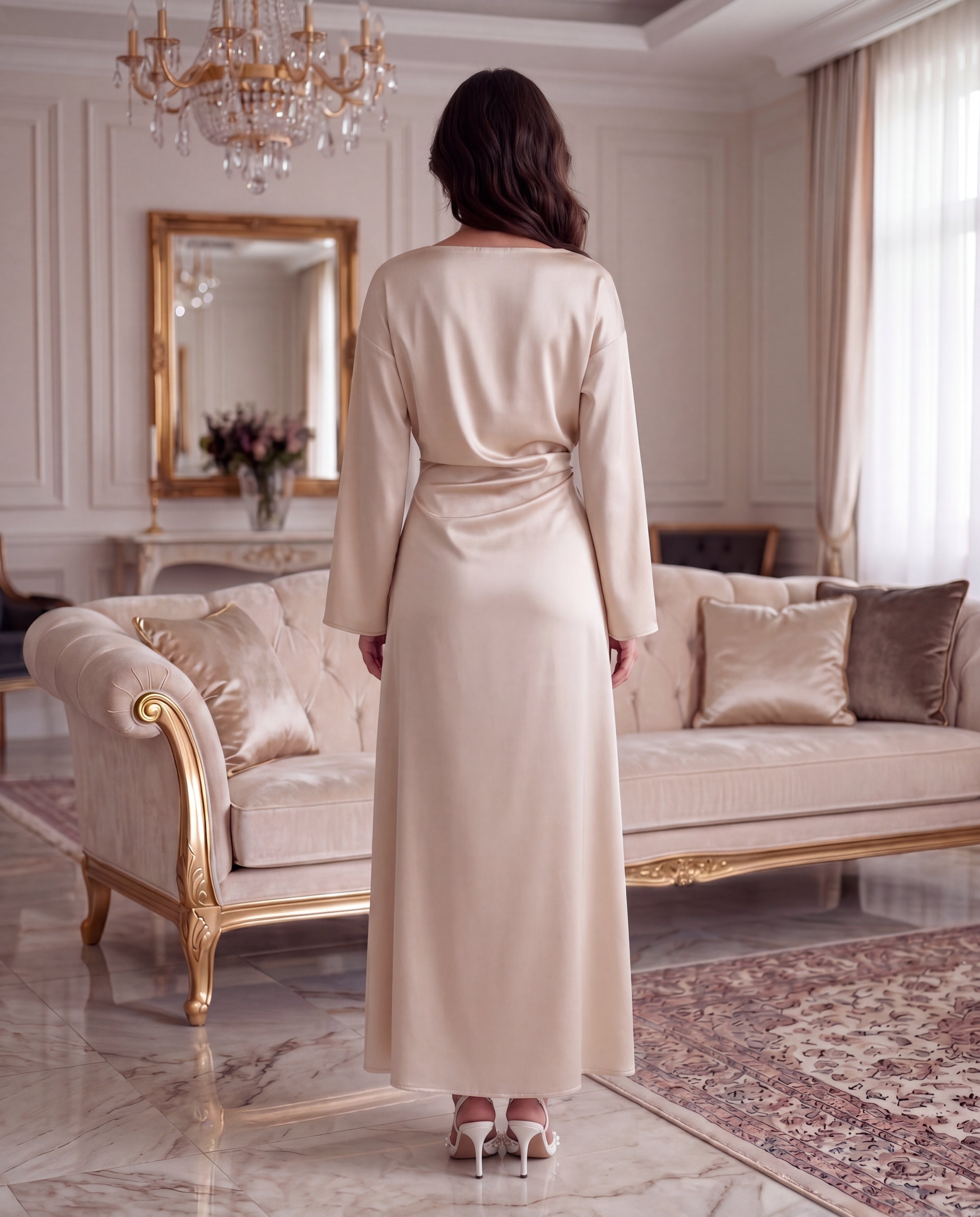 Boat Neck Flare Sleeve Cinched Waist Ruched Dress