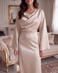 Boat Neck Flare Sleeve Cinched Waist Ruched Dress