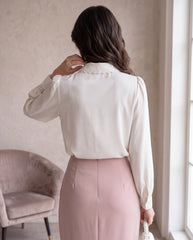 Shoulder Pleated Collar Embroidery Print Hidden Placket Loose Blouse