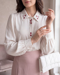 Shoulder Pleated Collar Embroidery Print Hidden Placket Loose Blouse