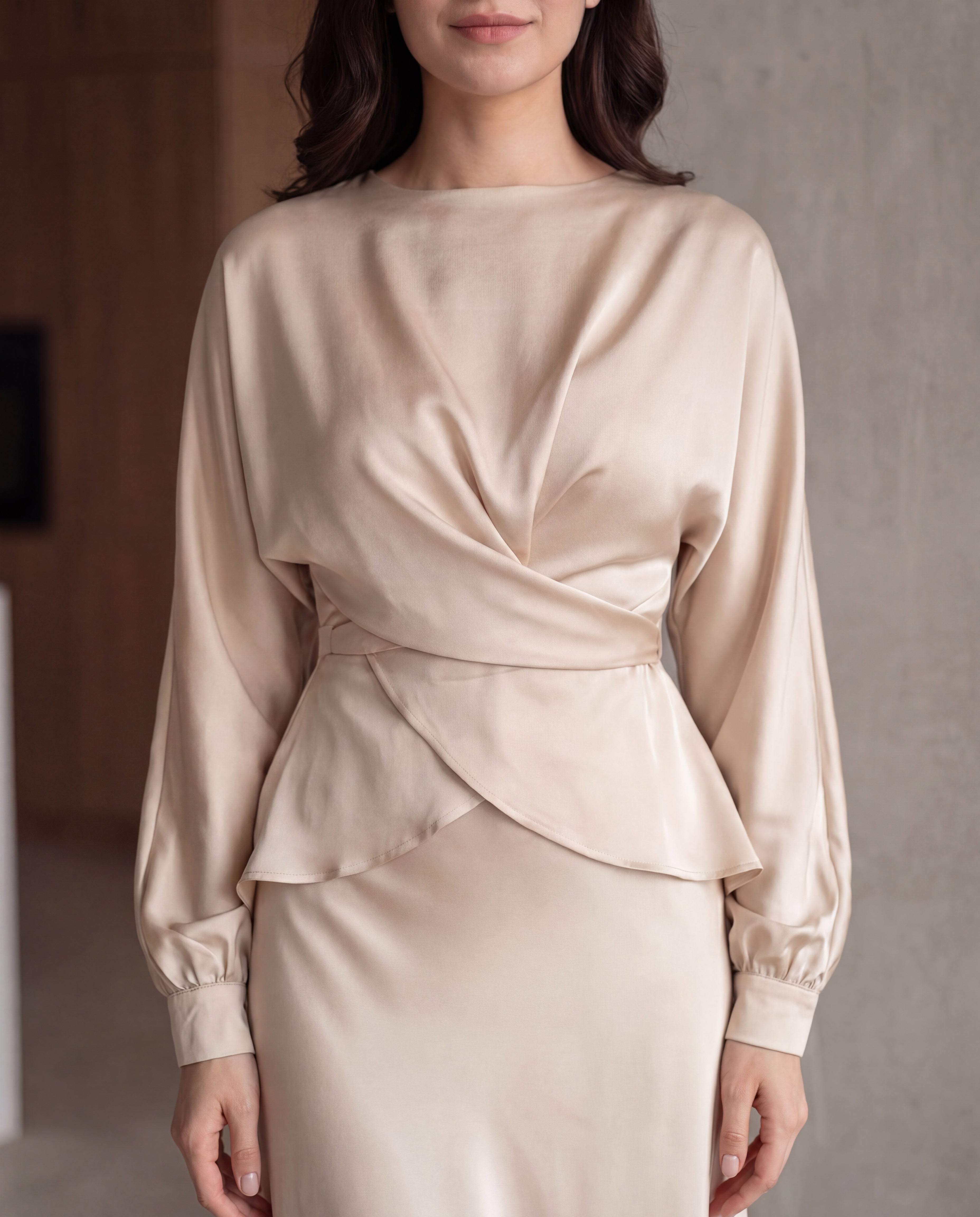 Waist Strap Back Satin Glossy Wrap Tie Top/Blouse And Fishtail Skirt Two Piece Set