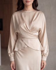 Waist Strap Back Satin Glossy Wrap Tie Top/Blouse And Fishtail Skirt Two Piece Set