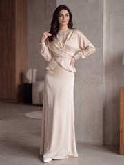 Waist Strap Back Satin Glossy Wrap Tie Top/Blouse And Fishtail Skirt Two Piece Set