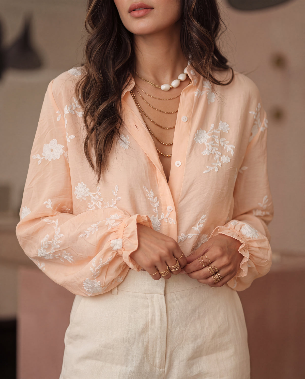 Embroidery Ruffle Hem Floral & Leaf Print Buttoned Blouse