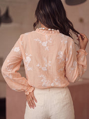 Embroidery Ruffle Hem Floral & Leaf Print Buttoned Blouse