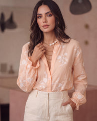 Embroidery Ruffle Hem Floral & Leaf Print Buttoned Blouse