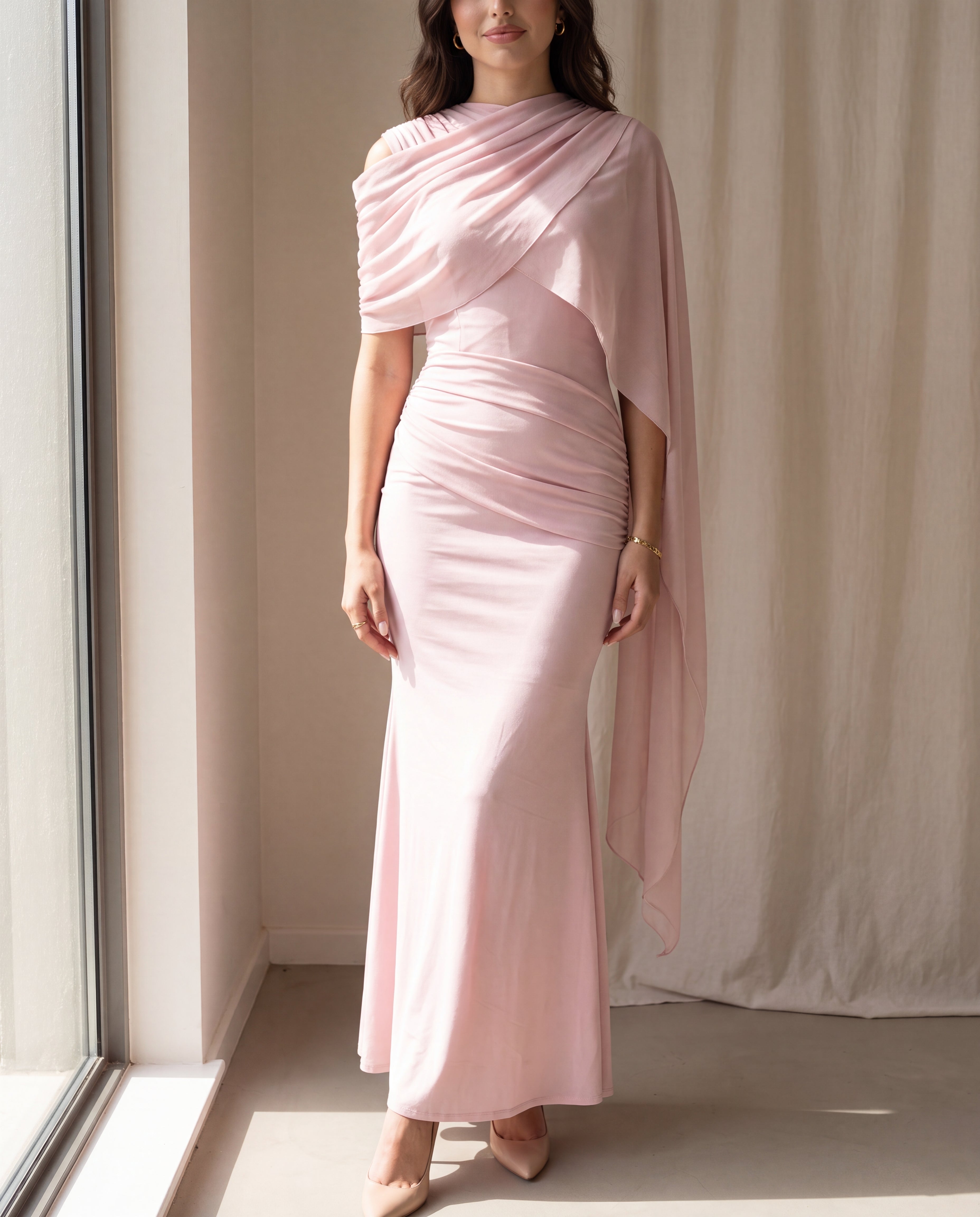 Mesh Splice Cloak Flare Sleeve Ruched Knit Fabric Fitted Dress