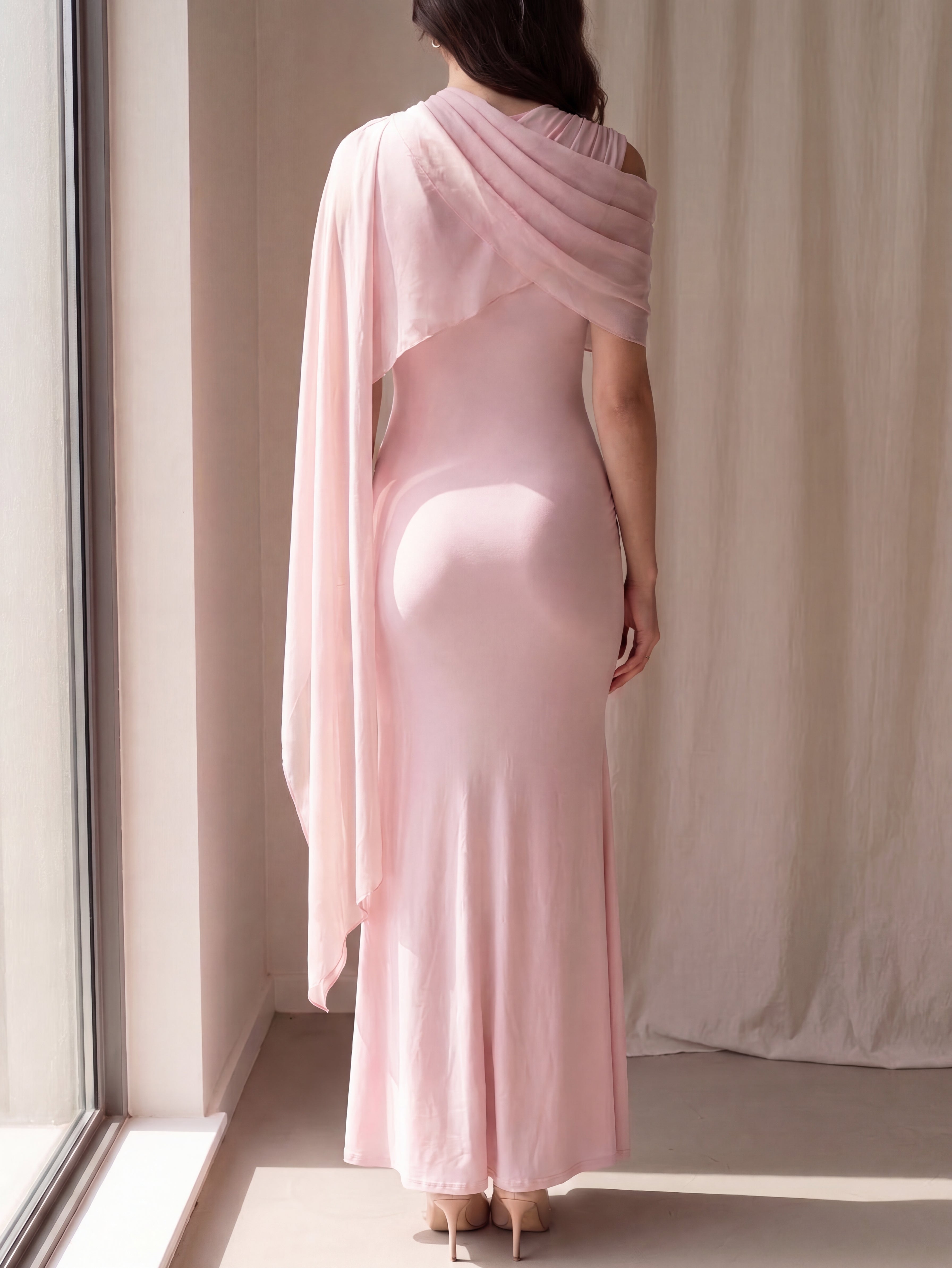 Mesh Splice Cloak Flare Sleeve Ruched Knit Fabric Fitted Dress