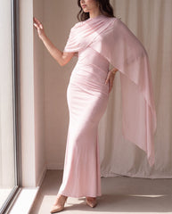 Mesh Splice Cloak Flare Sleeve Ruched Knit Fabric Fitted Dress