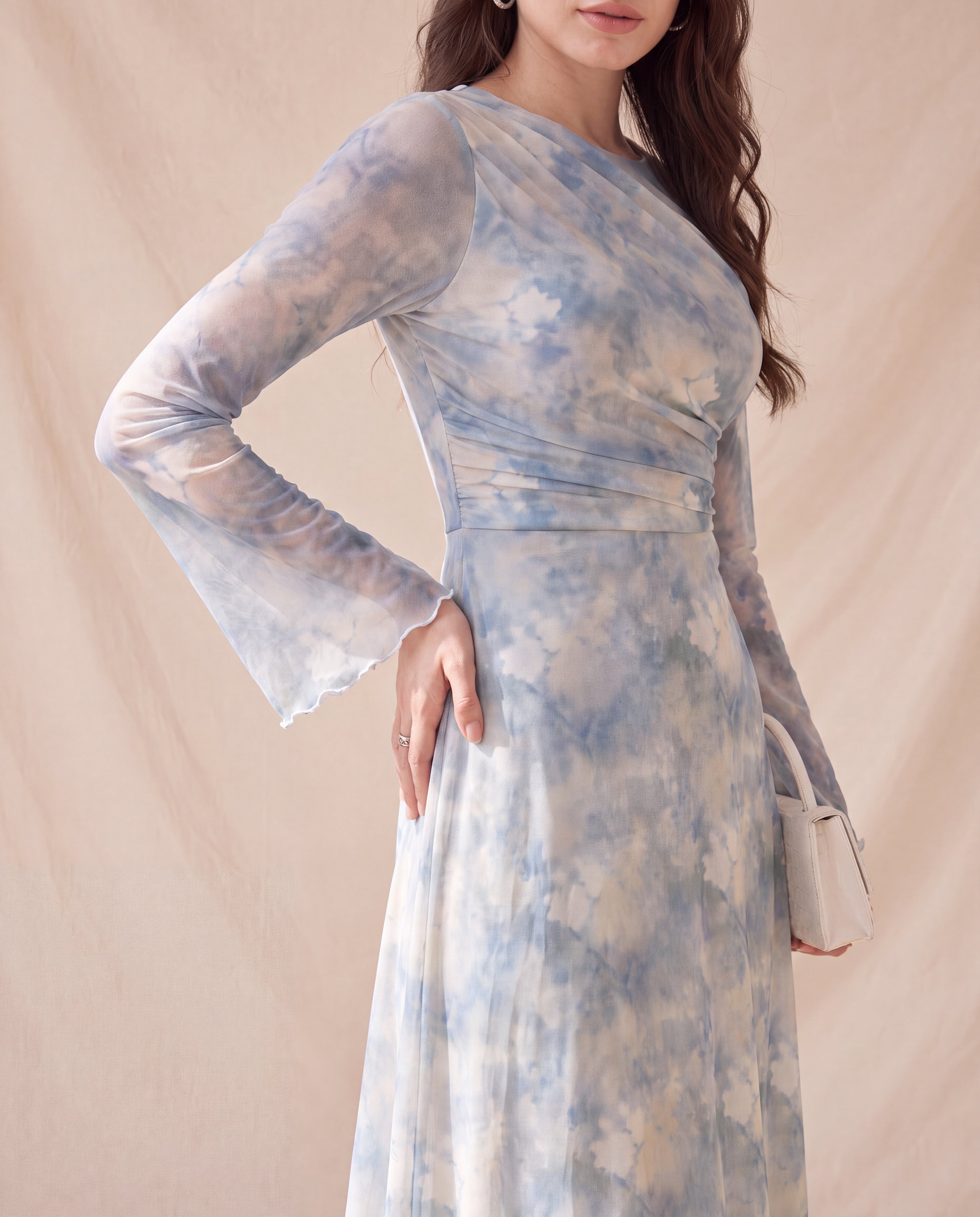 Tie-Dye Round Neck Flare Sleeve Pleated Elegant Dress