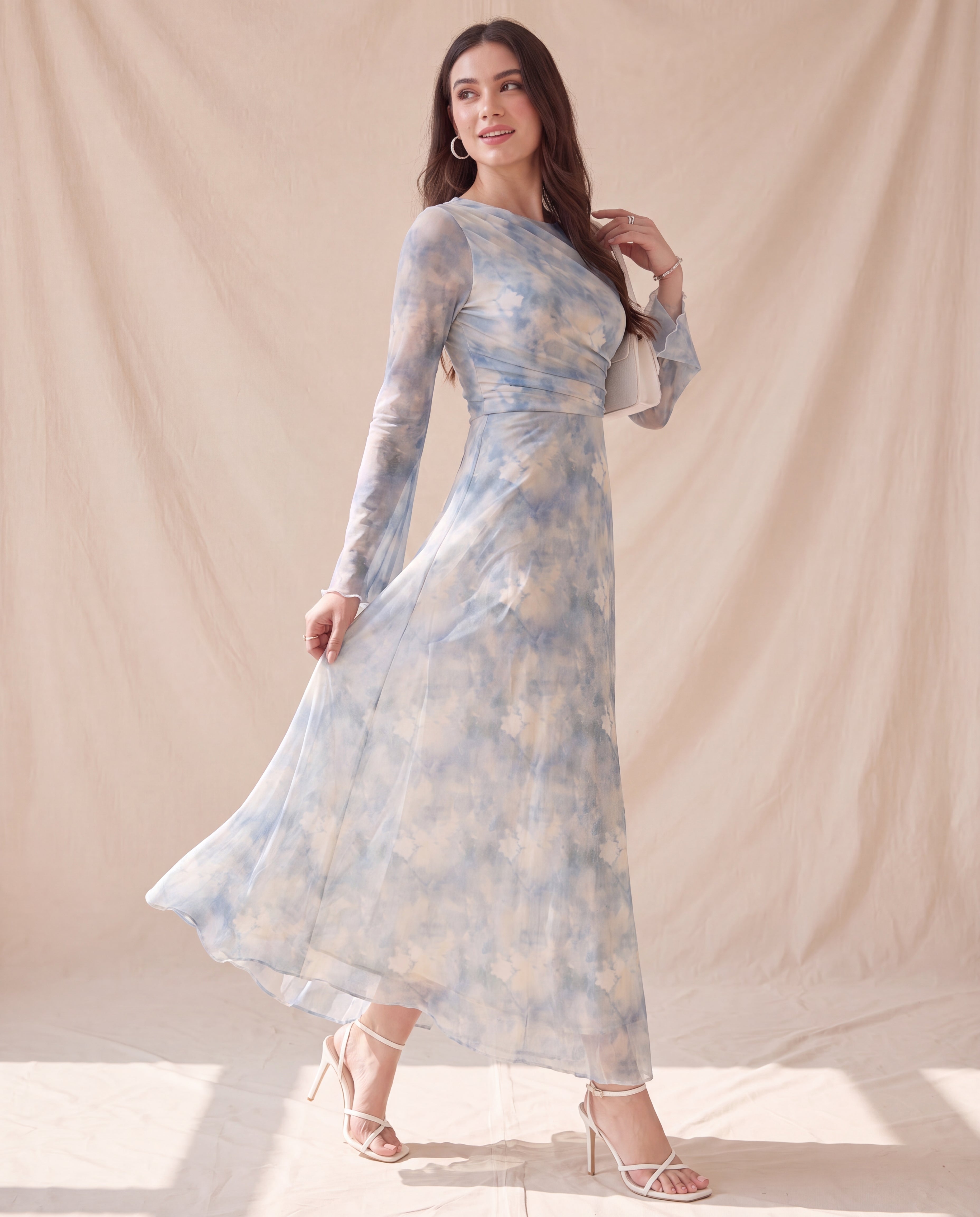 Tie-Dye Round Neck Flare Sleeve Pleated Elegant Dress