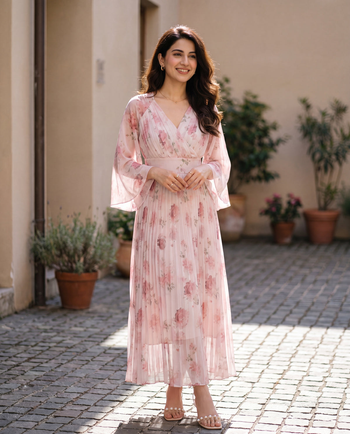 Floral Print Pleated Chiffon Dress