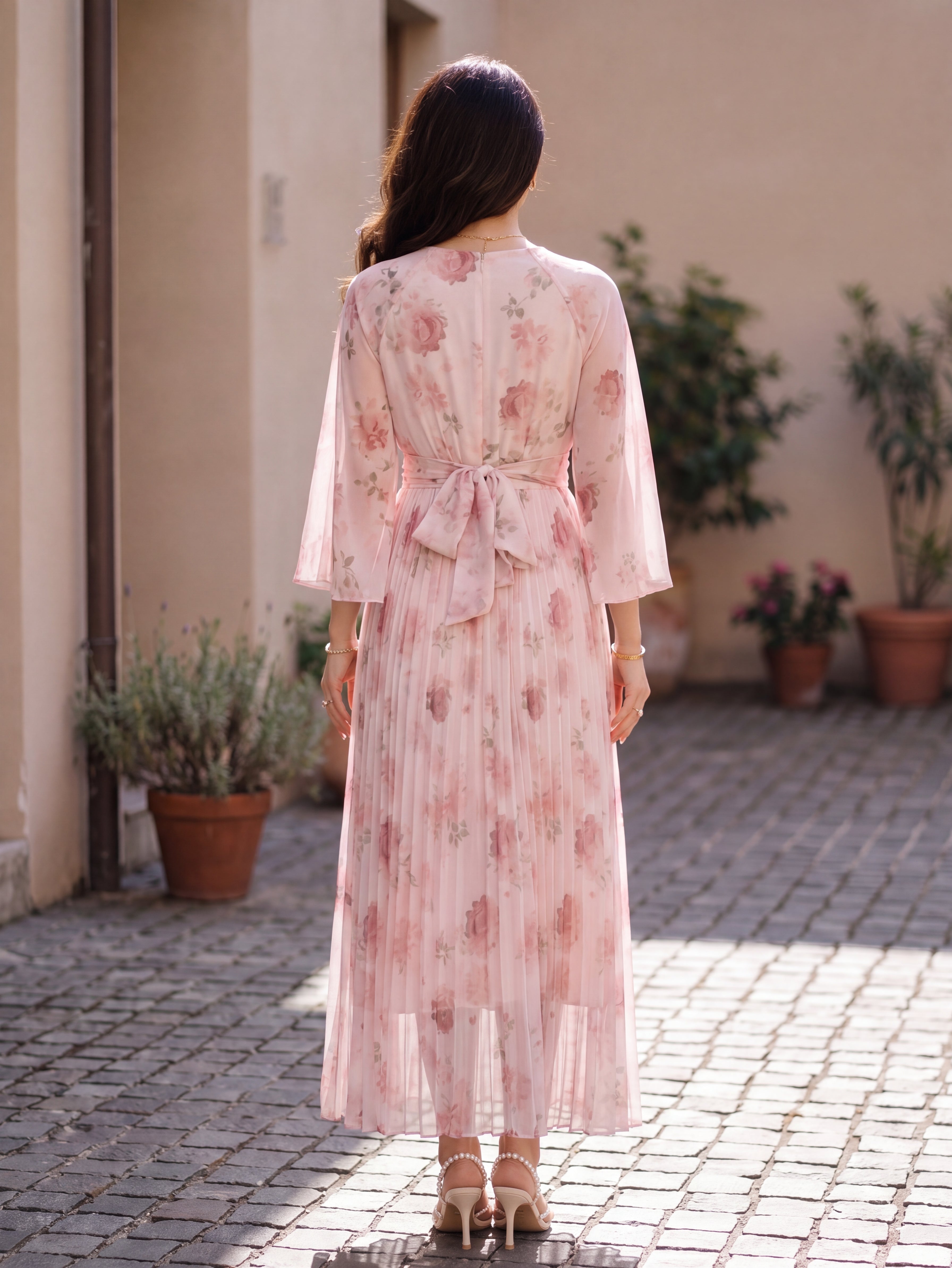 Floral Print Pleated Chiffon Dress