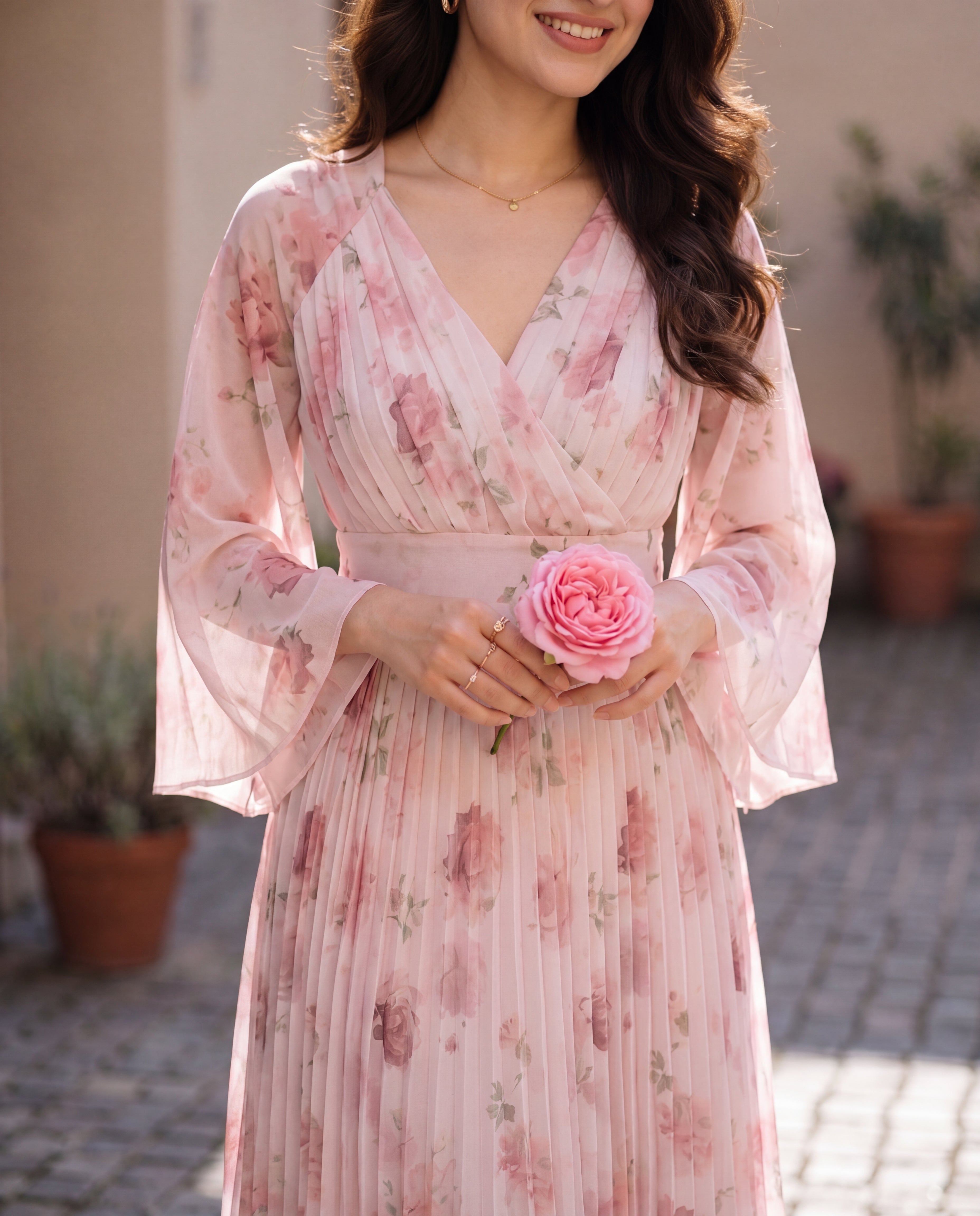 Floral Print Pleated Chiffon Dress