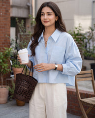 Front Button Pocket Loose Cropped Long Sleeve Shirt