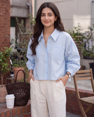 Front Button Pocket Loose Cropped Long Sleeve Shirt